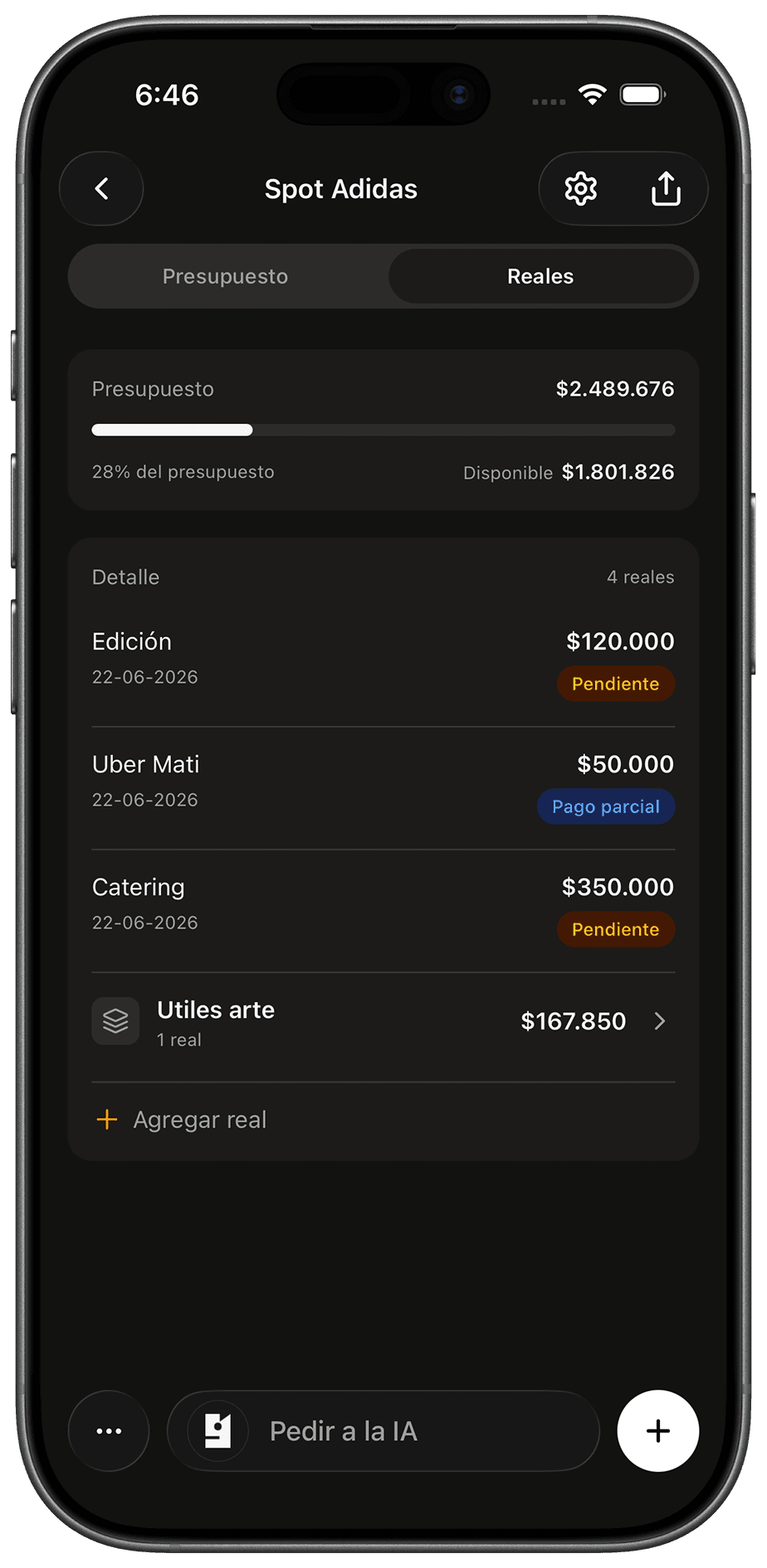 Presupuesto y gastos de una producción en la app de Get para iOS